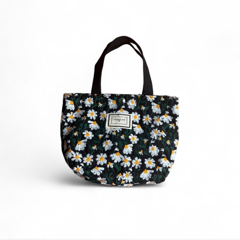 Embroidered daisy floral small tote bag black yellow white